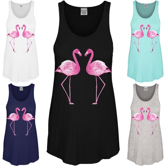 NEW🌸 pink flamingo print tank top black - Picture 2 of 3